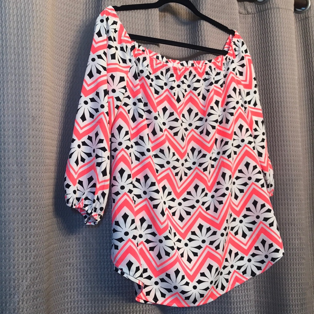 Black, white and neon orange blouse